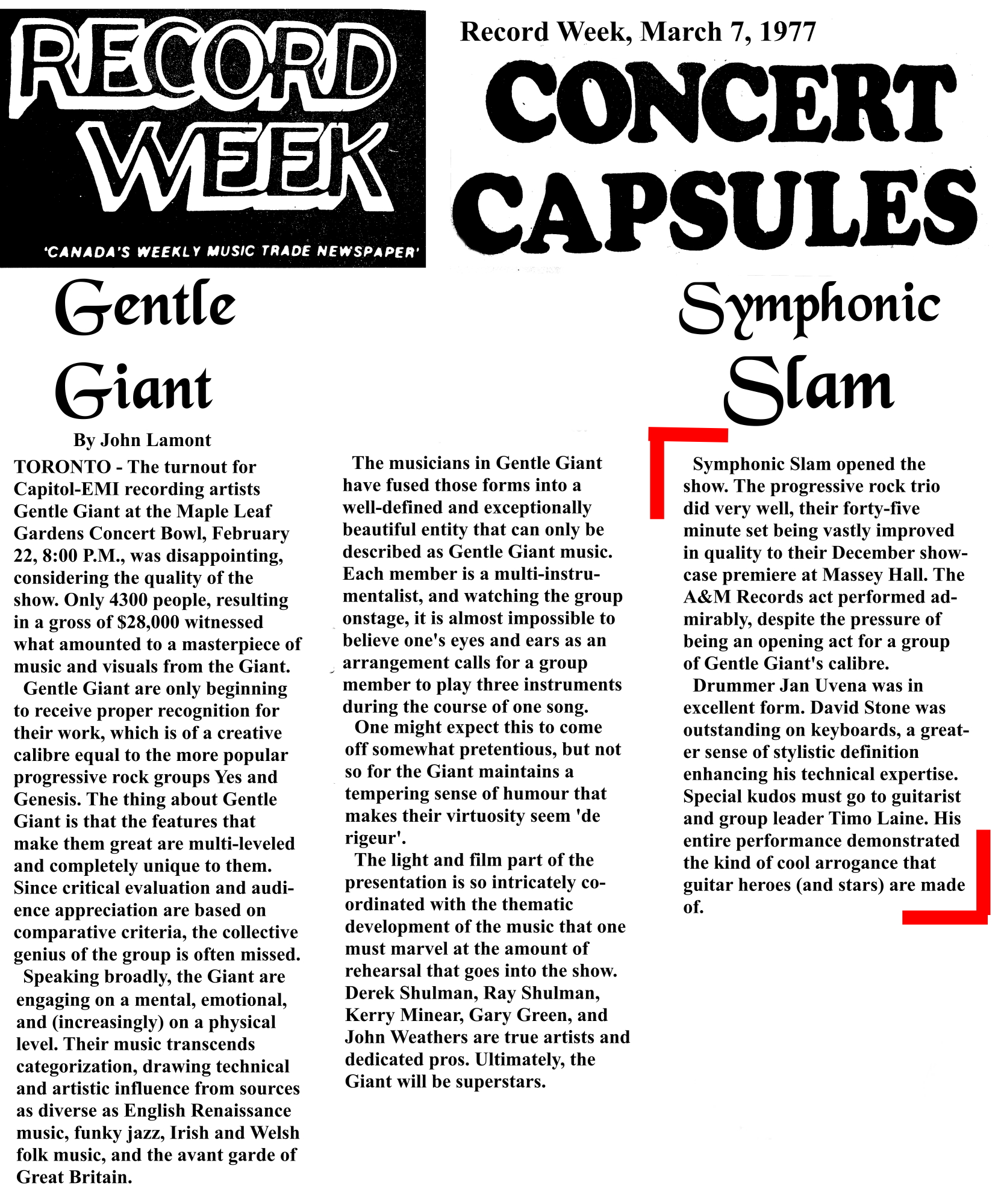 Gentle Giant Slam concert review